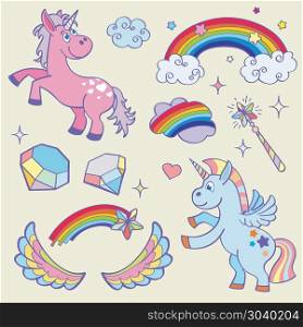 Cute magic unicorn, rainbow, fairy wings, wand stars and crystals vector set. Cute magic unicorn, rainbow, fairy wings, magic wand, stars and crystals vector set. Pink pony and clouds illustration