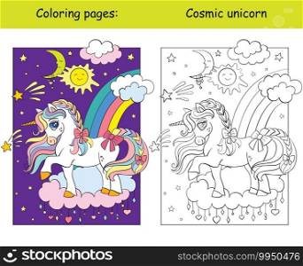 Cute magic unicorn standing on the cloud in the night sky. Coloring book page wih colored template. Vector cartoon illustration isolated on white. For coloring book, preschool education, print, game. Unicorn standing on cloud at night sky coloring