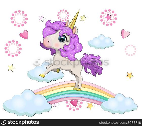 Cute magical unicorn on a rainbow. Greeting card, concept, print, design.. Cute magical unicorn and rainbow.