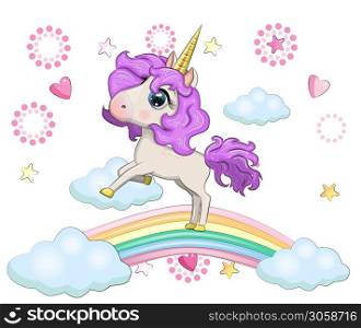 Cute magical unicorn on a rainbow. Greeting card, concept, print, design.. Cute magical unicorn and rainbow.