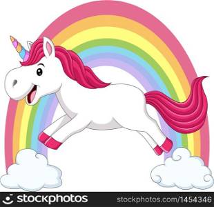 Cute magical unicorn walking on the clouds and rainbow