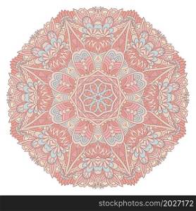 Cute mandala in c ontemporary style on white isolated background. Vector boho medallion in peach colors.. Trendyboho tribal seamless pattern for fabric. Bohemian nomadic style doodle handdrawn arts.