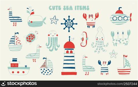 Cute marine items, elements of nature. Summer accessories, set of items. Lighthouse, steering wheel, crab, seahorse, whale, starfish and others. Baby flat vector illustration.. Cute marine items, elements of nature. Summer accessories, set of items. Lighthouse, steering wheel, crab, seahorse, whale, starfish and others. Baby flat vector illustration