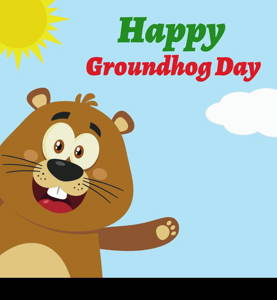 Cute Marmot Cartoon Mascot Character Waving From Corner. Illustration Flat Design With Background And Text Happy Groundhog Day