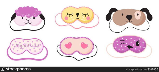 Cute masks for dreaming set vector. Rest relax accessories for night collection. Sleepy mask with eyes, animals face and smiles. In hand drawn style.. Cute masks for dreaming set vector. Rest relax accessories for night collection. Sleepy mask with eyes, animals face and smiles.