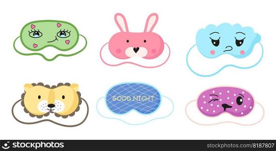 Cute masks for dreaming set vector. Rest relax accessories for night collection. Sleepy mask with eyes, animals face and smiles. In hand drawn style.. Cute masks for dreaming set vector. Rest relax accessories for night collection. Sleepy mask with eyes, animals face and smiles.