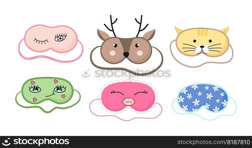 Cute masks for dreaming set vector. Rest relax accessories for night collection. Sleepy mask with eyes, animals face and smiles. In hand drawn style.. Cute masks for dreaming set vector. Rest relax accessories for night collection. Sleepy mask with eyes, animals face and smiles.