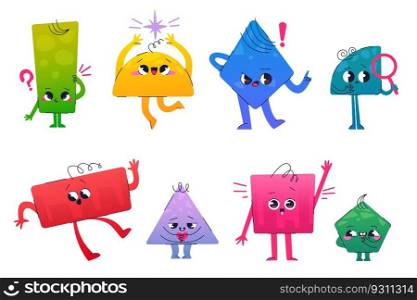 Cute math geometric figure shape cartoon vector character. Abstract basic geometry funny set. Rhombus, triangle, square and pentagon childish graphic doodle collection of emotions for object learning.. Cute math geometric figure shape character vector