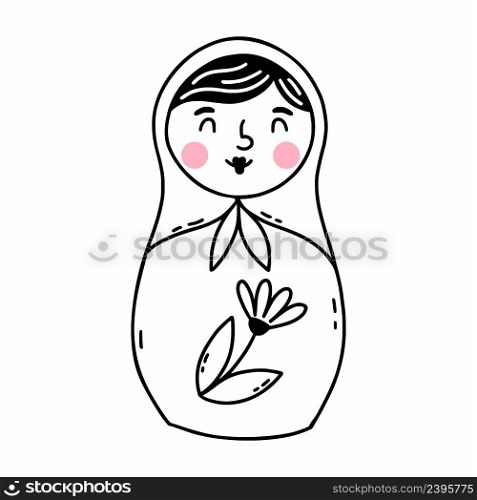 Cute matryoshka. Russian doll. Vector illustration in doodle style. Coloring book for child.