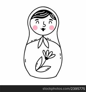 Cute matryoshka. Russian doll. Vector illustration in doodle style. Coloring book for child.