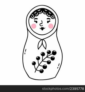 Cute matryoshka. Russian doll. Vector illustration in doodle style. Coloring book for child.