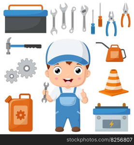 Cute mechanic boy with equipment elements