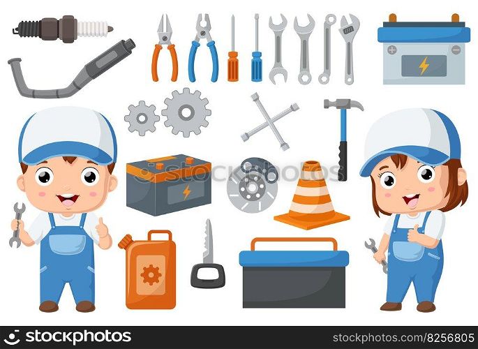 Cute mechanic kids with equipment elements