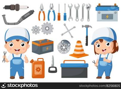 Cute mechanic kids with equipment elements