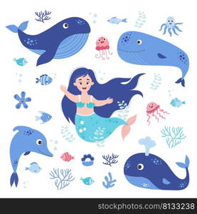 Cute mermaid and sea animals, blue whale and dolphin, fish and jellyfish, octopus and pearl with corals. Vector illustration. Isolated elements Collection of underwater world for design and decor