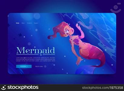 Cute mermaid at sea underwater cartoon landing page. Fairy tale character look and touch her reflection in water surface. Beautiful girl with red hair and fish tail swim in ocean, Vector web banner. Cute mermaid at sea underwater cartoon landing