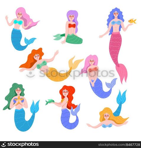 Cute mermaid cartoon characters flat vector illustrations set. Beautiful mythical underwater creatures with fish tails isolated on white background. Fairytale, fantasy, magic, mythology concept
