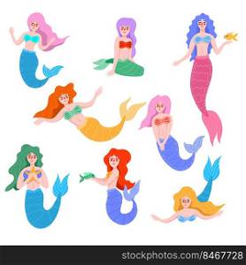 Cute mermaid cartoon characters flat vector illustrations set. Beautiful mythical underwater creatures with fish tails isolated on white background. Fairytale, fantasy, magic, mythology concept