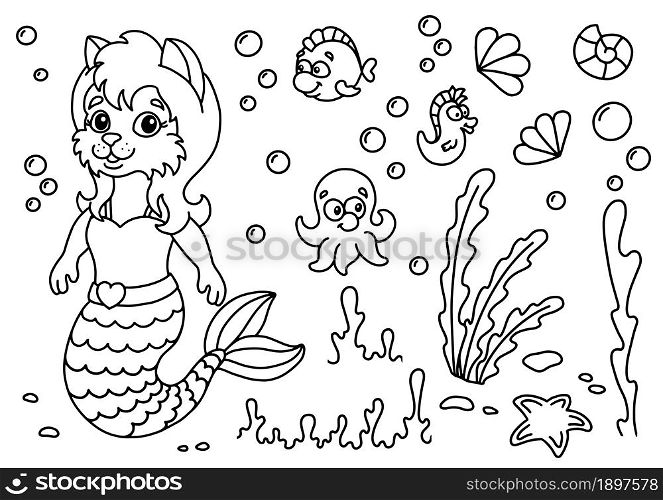 Cute mermaid cat in the underwater world. Coloring book page for kids. Cartoon style. Vector illustration isolated on white background.