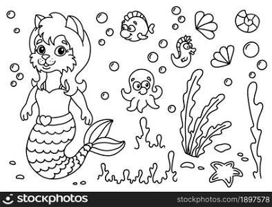 Cute mermaid cat in the underwater world. Coloring book page for kids. Cartoon style. Vector illustration isolated on white background.
