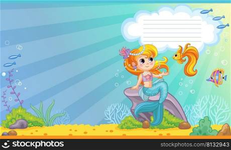 Cute mermaid in the underwater world. Children cartoon background. Vector illustration. Cover page template layout. Applicable for notebooks, planners, brochures, books, catalogs.Two-page cover.. Cover for notebook with cute mermaid with a goldfish vector