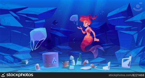 Cute mermaid on polluted ocean bottom with plastic trash and toxic waste. Underwater cartoon character pretty girl with red hair and fish tail swim in dirty sea water with garbage, Vector illustration. Cute mermaid on polluted ocean bottom with trash