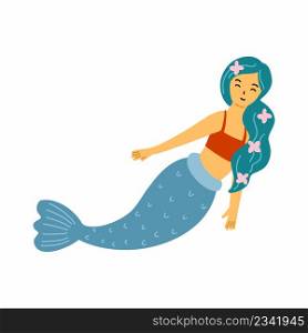 Cute mermaid on white background. Doodle illustration on marine theme. Sticker for girl. Print on clothes.