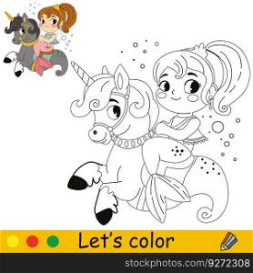Cute mermaid ride on a seahorse. Vector cartoon illustration. Kids coloring page with a color s&le. For print, design, poster, sticker, card, decoration and t shirt design and coloring pages books. Kids coloring cute mermaid ride on a seahorse vector