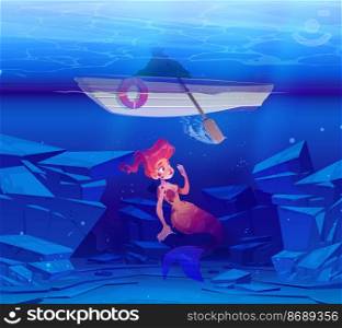 Cute mermaid underwater sea view with boat and human figure above. Cartoon character beautiful girl with red hair and fish tail swim at ocean bottom. Fairy tale mythology personage Vector illustration. Cute mermaid underwater sea view with boat above