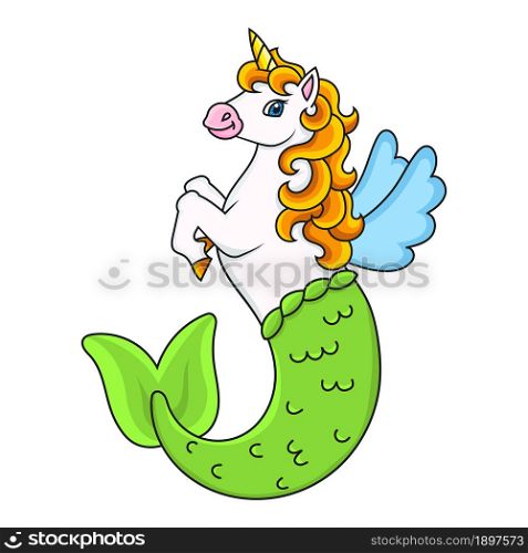 Cute mermaid unicorn. Magic fairy horse. Cartoon character. Colorful vector illustration. Isolated on white background. Design element. Template for your design, books, stickers, cards.