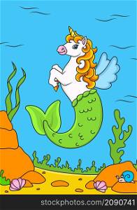 Cute mermaid unicorn. Magic fairy horse. Colored background for your design. For wallpapers, covers, postcards, banners. Vector illustration.