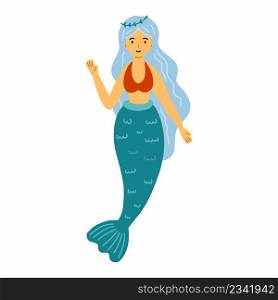 Cute mermaid with blue hair. Vector doodle illustration for girl. Sticker.