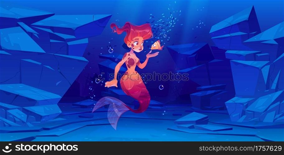 Cute mermaid with little fish underwater in sea. Cartoon character beautiful girl with red hair and fish tail swim in ocean with air bubbles on rocky bottom. Fairy tale, mythology Vector illustration. Cute mermaid with little fish underwater in sea