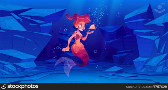 Cute mermaid with little fish underwater in sea. Cartoon character beautiful girl with red hair and fish tail swim in ocean with air bubbles on rocky bottom. Fairy tale, mythology Vector illustration. Cute mermaid with little fish underwater in sea