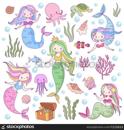 Cute mermaids. Adorable fairytale underwater princesses mythological sea creatures. Fishes, turtle and treasure, octopus vector game mythology female characters. Cute mermaids. Adorable fairytale underwater princesses mythological sea creatures. Fishes, turtle and treasure, octopus vector game characters