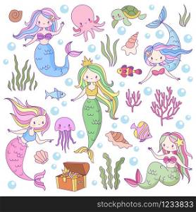 Cute mermaids. Adorable fairytale underwater princesses mythological sea creatures. Fishes, turtle and treasure, octopus vector game mythology female characters. Cute mermaids. Adorable fairytale underwater princesses mythological sea creatures. Fishes, turtle and treasure, octopus vector game characters