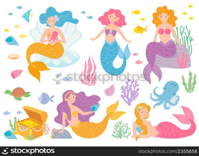 Cute mermaids. Beautiful girls living underwater with fish, turtle, corals and octopus. Mythical creatures with fish tail, long hair and sea accessories. Fairytale characters and treasure vector set. Cute mermaids. Beautiful girls living underwater with fish, turtle, corals and octopus. Mythical creatures