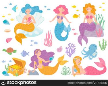 Cute mermaids. Beautiful girls living underwater with fish, turtle, corals and octopus. Mythical creatures with fish tail, long hair and sea accessories. Fairytale characters and treasure vector set. Cute mermaids. Beautiful girls living underwater with fish, turtle, corals and octopus. Mythical creatures