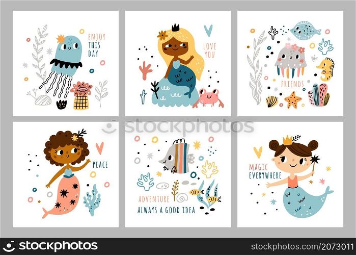 Cute mermaids cards. Little funny marine girls, underwater life postcard, ocean magic creations party, sea or ocean fishes and animals childish colorful prints, vector isolated square cartoon posters. Cute mermaids cards. Little funny marine girls, underwater life postcard, ocean magic creations party, sea or ocean fishes and animals childish prints, vector isolated cartoon posters