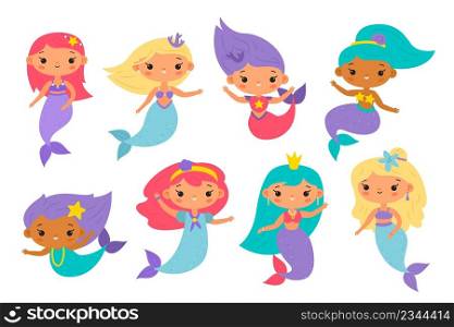 Cute mermaids. Little funny underwater princesses, pretty colorful girls, fish scales and tails, beautiful fairy children, adorable pretty marine creatures, vector cartoon flat style isolated set. Cute mermaids. Little funny underwater princesses, pretty colorful girls, fish scales and tails, beautiful fairy children, adorable pretty marine creatures, vector cartoon flat set