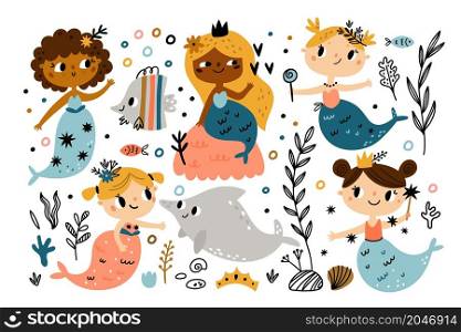 Cute mermaids. Little girls with fish tails, funny fabulous creatures, sweet nautical princesses and ocean fishes and seaweed, doodle mythological characters, childish vector cartoon isolated set. Cute mermaids. Little girls with fish tails, funny fabulous creatures, sweet nautical princesses and ocean fishes and seaweed, doodle characters, childish vector cartoon isolated set