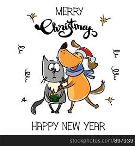 Cute Merry Christmas winter card,dog hugs and congratulates cat,hand drawn vector illustration. Cute Merry Christmas winter card,dog hugs and congratulates cat