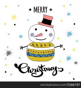 Cute Merry Christmas winter card with snowman in hat,hand drawn vector illustration. Cute Merry Christmas winter card with snowman in hat