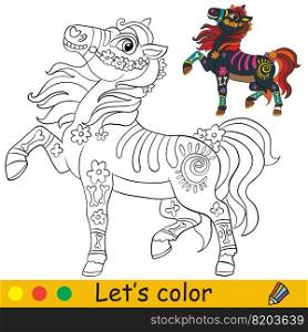 Cute mexican horse skeleton. Halloween concept. Coloring book page for children with colorful template. Vector cartoon illustration. For print, preschool education and game. Halloween mexican horse skeleton coloring with template