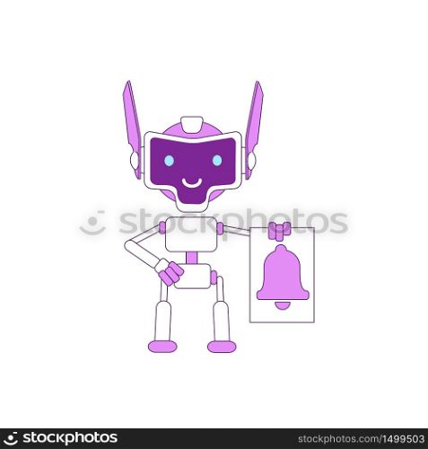 Cute modern robot with bell violet linear object. Futuristic notification service bot thin line symbol. AI smiling cyborg toy isolated outline illustration on white background