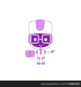Cute modern robot with magnifying glass violet linear object. Futuristic bot giving information thin line symbol. AI online support isolated outline illustration on white background