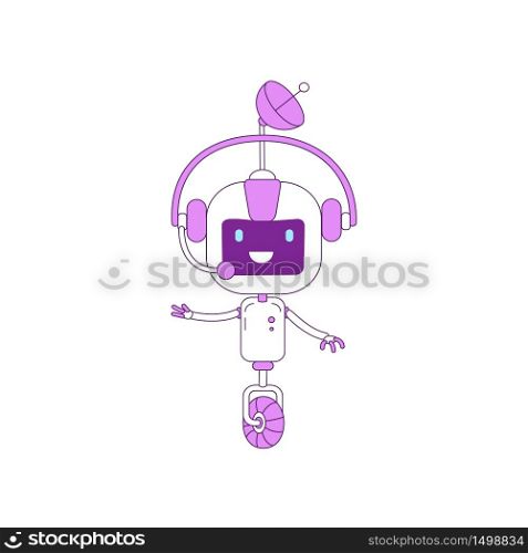 Cute modern robot with operator headset violet linear object. Futuristic online support and telemarketing service bot thin line symbol. AI cyborg isolated outline illustration on white background