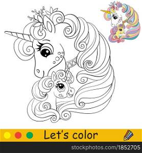 Cute mom and baby unicorns. Coloring book page for children with colorful template. Vector cartoon illustration. For education, print, game, decor, puzzle,design. Cute mom and baby unicorns coloring book page