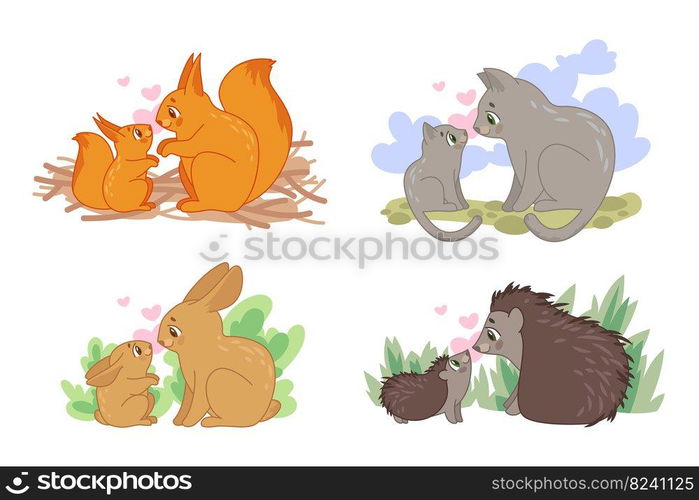 Cute mom and child animal characters vector illustrations set. Adult hare, bunny or rabbit, cat cartoon characters with babies on white background. Pets, farm, wildlife, family concept for game design