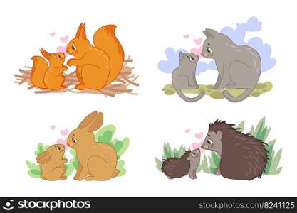 Cute mom and child animal characters vector illustrations set. Adult hare, bunny or rabbit, cat cartoon characters with babies on white background. Pets, farm, wildlife, family concept for game design